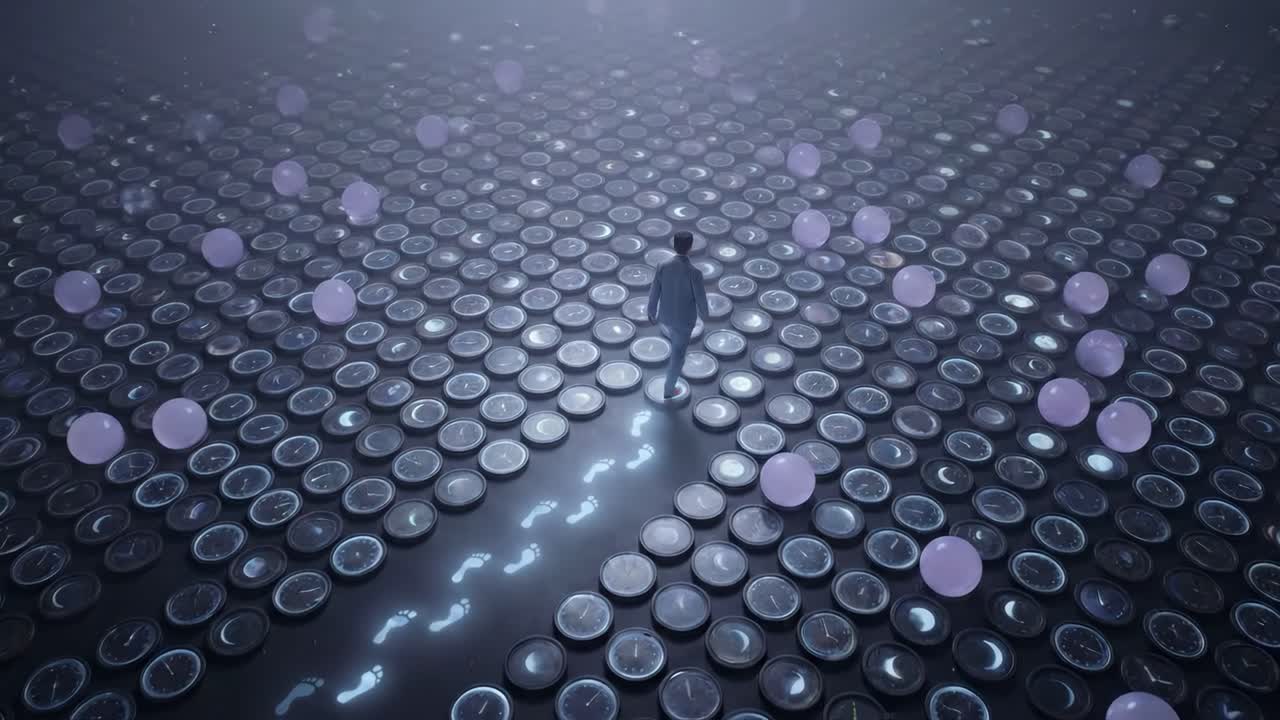 Man Walking on a Path of Clocks and Glowing Footprints