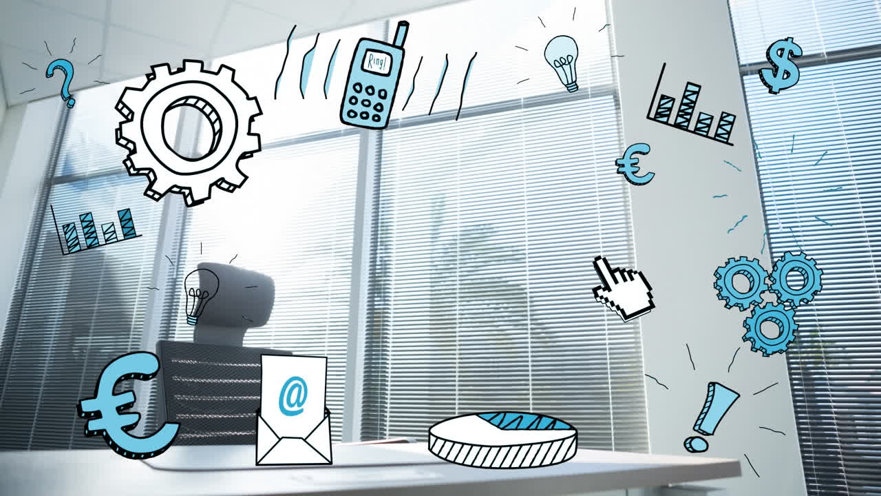 красочные иконки офисных предметов над офисом на заднем плане