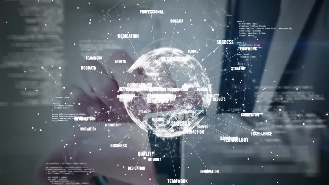 스마트 워치를 사용하는 코카시안 사업가에 대한 연결 및 데이터 처리와 함께 지구촌의 애니메이션