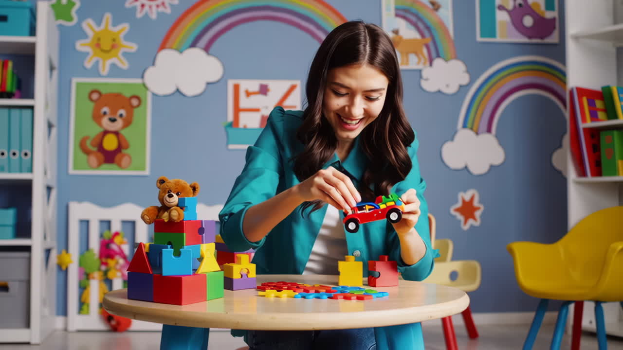 Woman Playing with Children's Toys in a Playroom