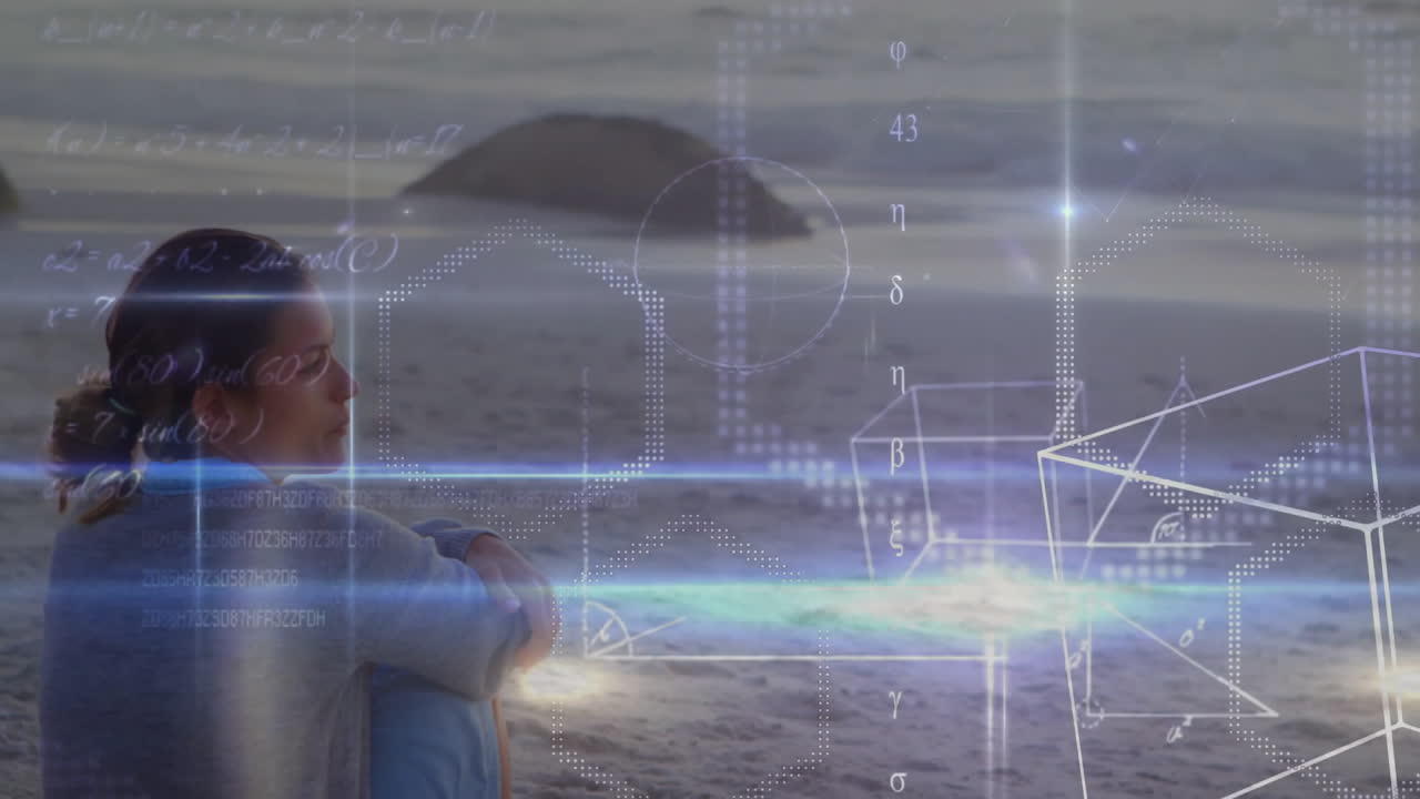 Woman sitting on beach with geometric shapes and equations overlay animation
