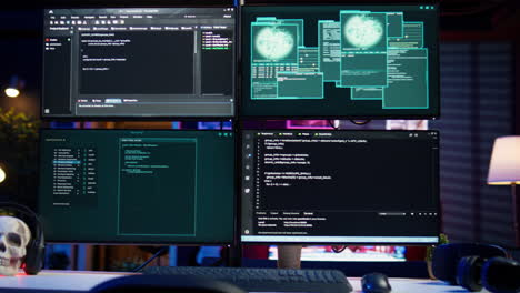 hacking malware programming script on monitors in underground base