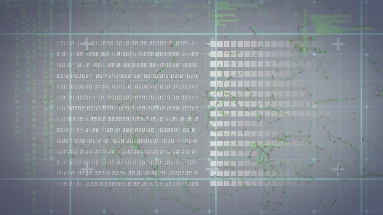Animation of network of connections and data processing over grid network against grey background