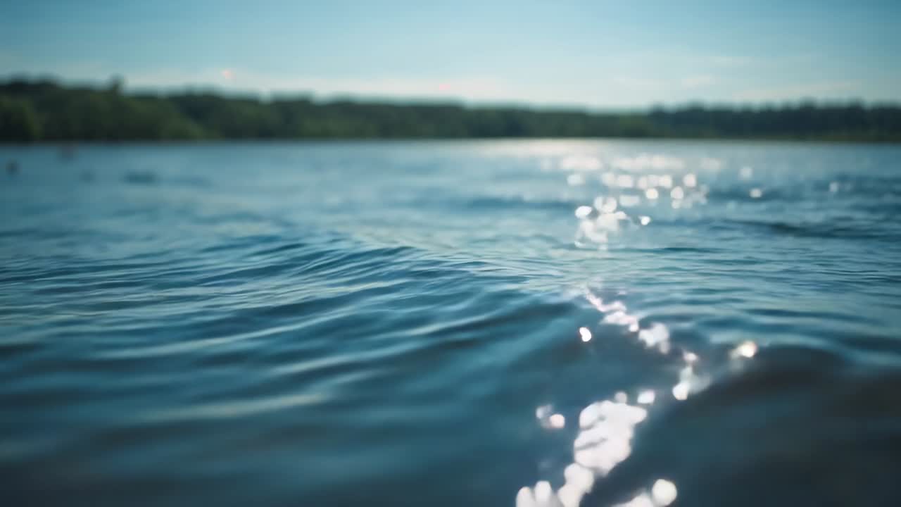 Superficie lacustre scintillante con sole e brezza che creano increspature e guidano lo sguardo verso la riva alberata