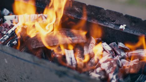 close up of burned wood turning into coal in flames in bbq grill