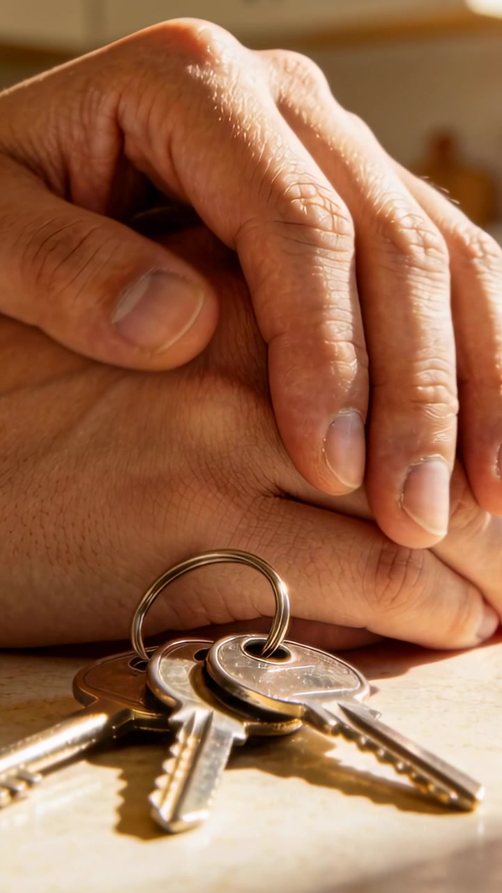 Vidéo verticale : Une main d'adulte se pose, les doigts glissant de manière apaisante sur la table de cuisine, près de clés en métal.