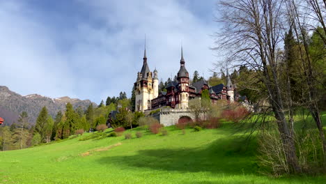 Un-Majestuoso-Castillo-Situado-En-El-Bosque-Y-Las-Montañas