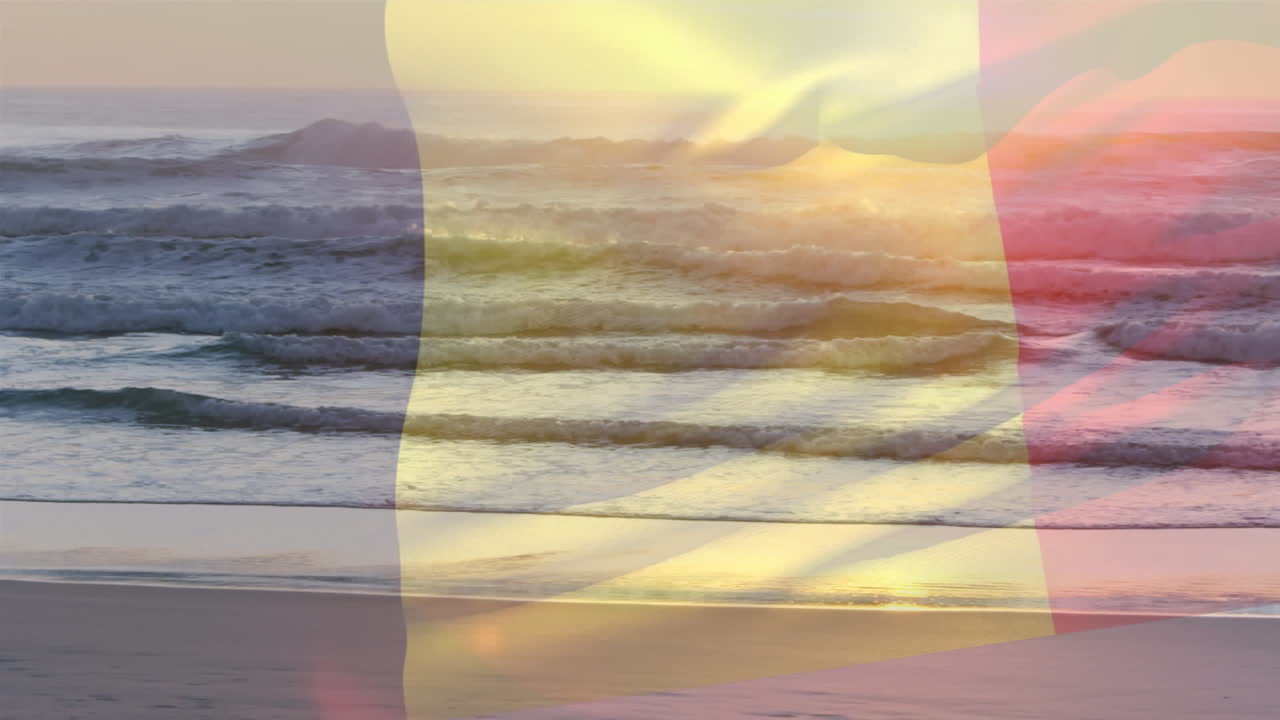 Animation af Belgiens flag vajende over et kystlandskab.