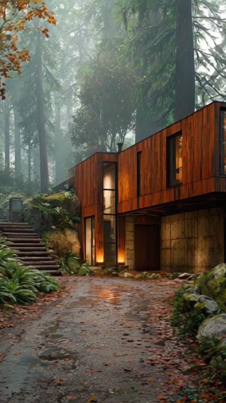 Una casa contemporanea ed ecologica immersa in foreste lussureggianti, che mostra un connubio armonioso di architettura moderna e dintorni naturali con un'atmosfera accattivante