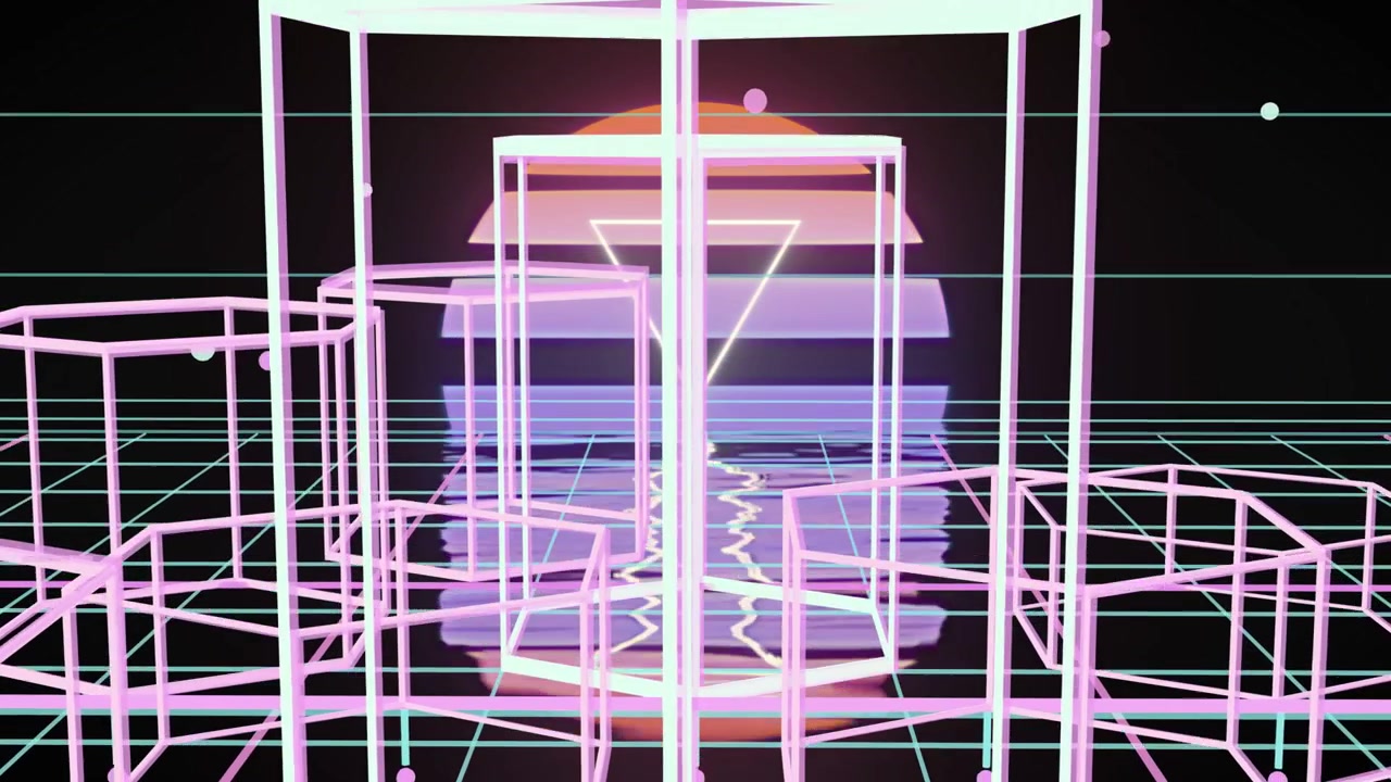 Grid plane receding to banded sun, pink cages sliding, column rising, forming tower framing sun