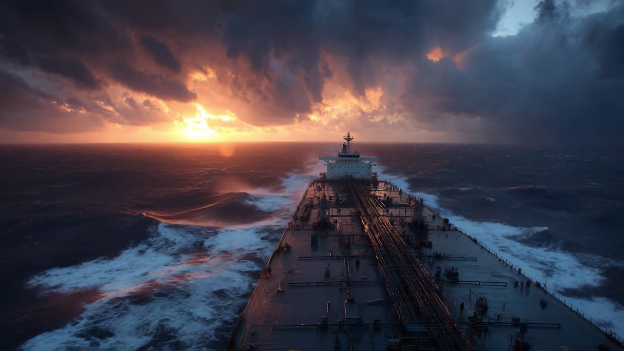 Un Maestoso Viaggio Marittimo: Catturare i Colori Spettacolari di una Nave Contro Cieli Tempestosi Drammatici e Onde Oceaniche al Tramonto