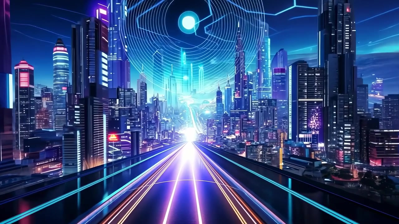 Futuristic Cyberpunk Cityscape with Glowing Road and Digital Network at Night