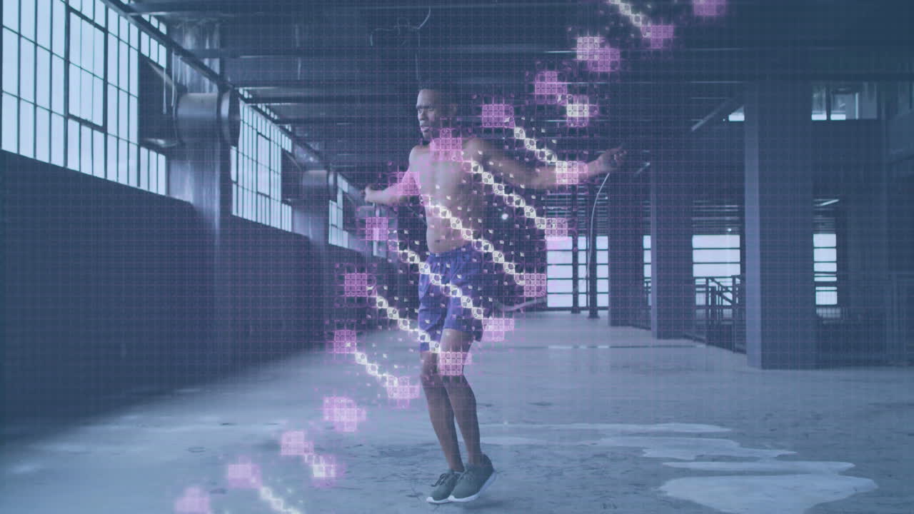 video compuesto digital de la estricción de adn girando contra el hombre afroamericano saltando la cuerda