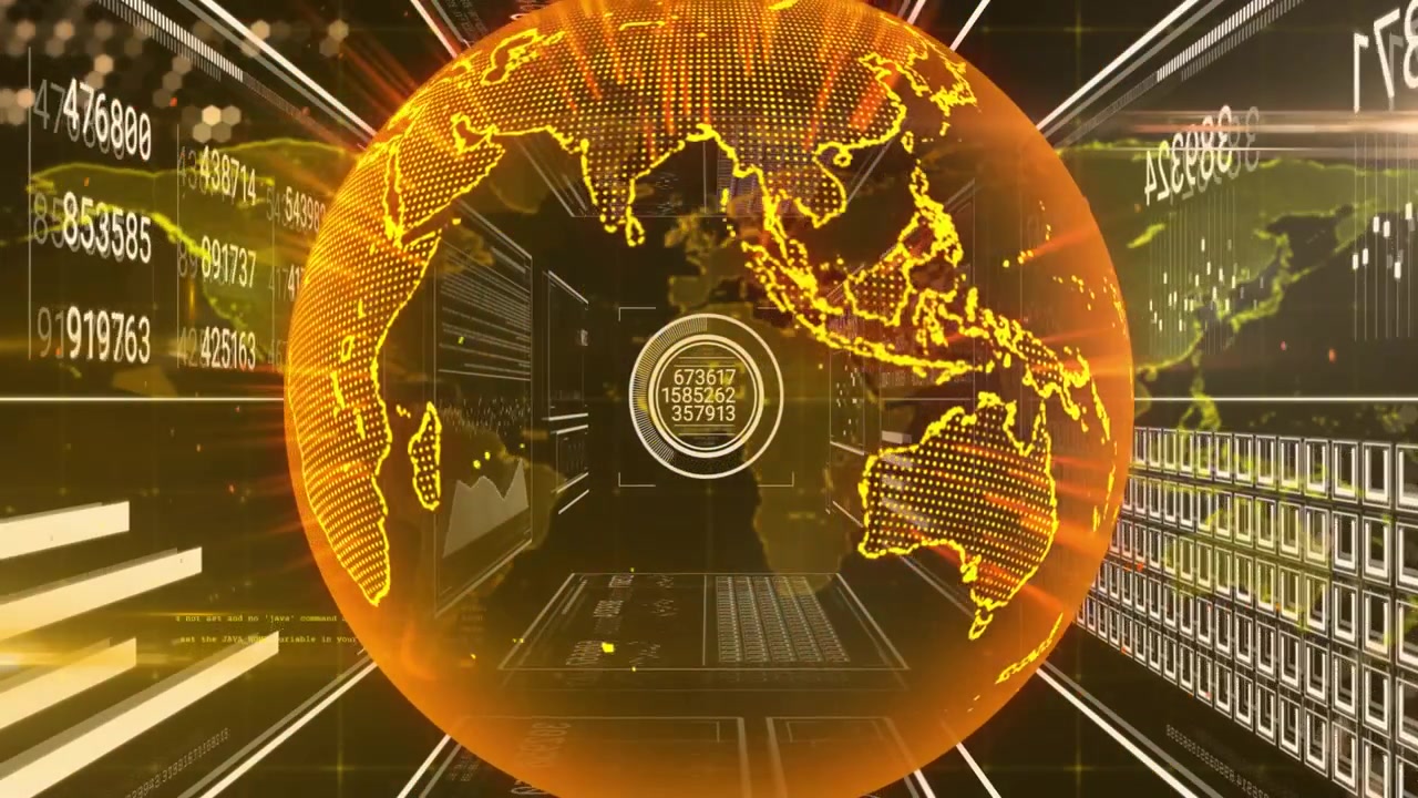 Mappa dorata che scorre di lato, rivelando un globo rotante con display e anelli concentrici che visualizzano i dati.
