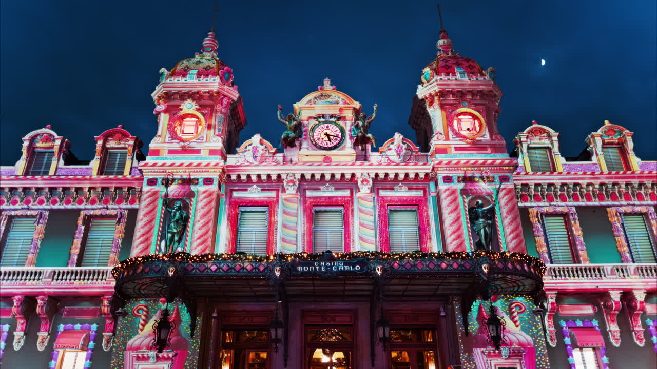 Monte Carlo, Monaco - December 14, 2024: Front view of the Monte Carlo Casino decorated for Christmas in the evening