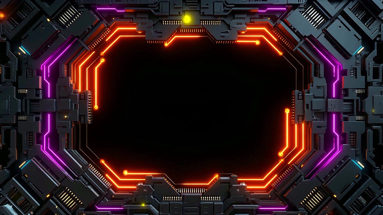 Cornice tecnologica cibernetica futuristica con linee al neon luminose.
