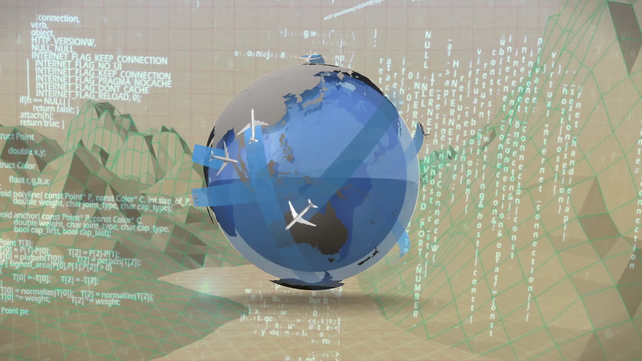 globo con aviones mientras se mueve a través de gráficos de paisaje