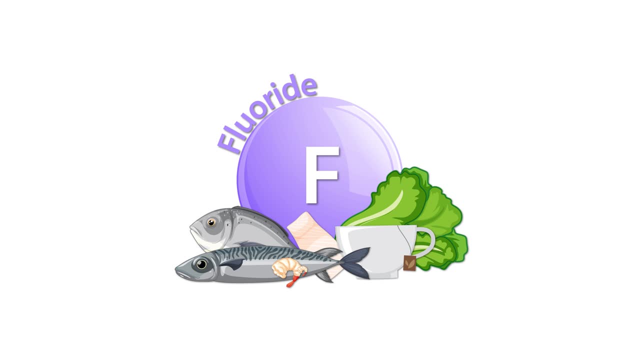 A purple fluoride element icon animates in, accompanied by fish, shrimp, leafy greens, and onions, illustrating dietary sources. Clean, white background and smooth transitions