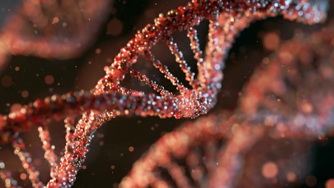 Orange DNA double helix rotating through a dark molecular environment in detailed scientific footage