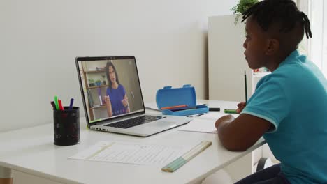 African-american-boy-doing-homework-while-having-a-video-call-with-female-teacher-on-laptop-at-home