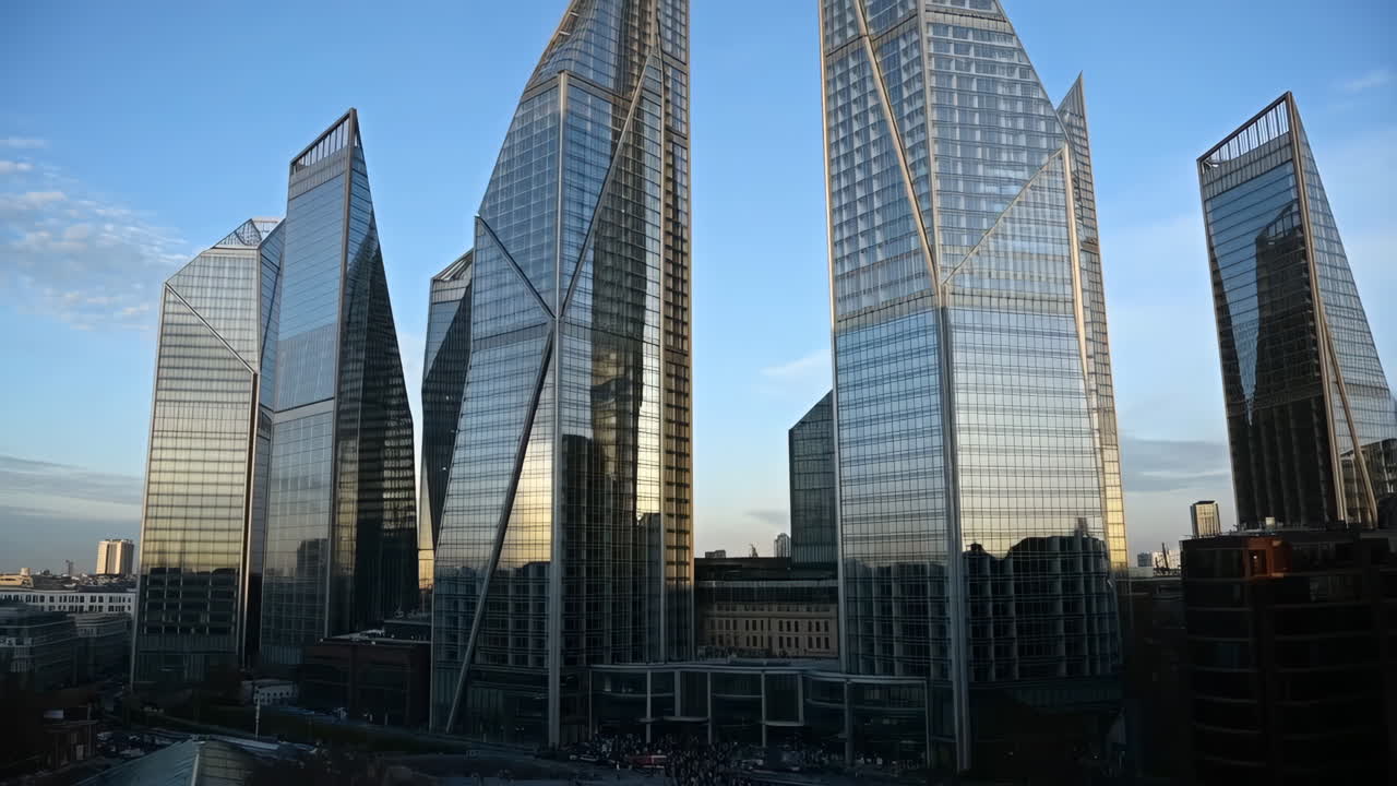 Modern Glass Skyscrapers Against a Blue Sky