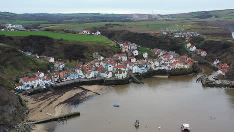 staithes aerial footage slowly moving backwards and up revealing harbour