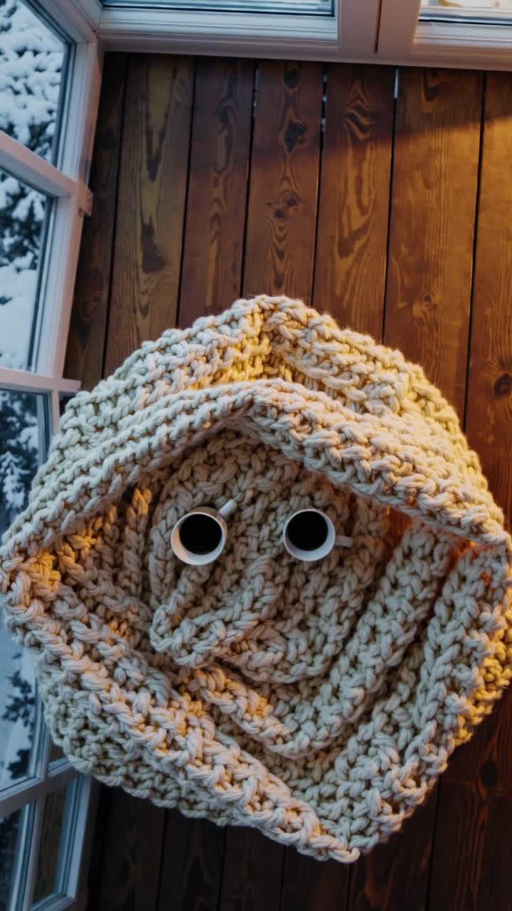 Top-down video shot of two mugs on a chunky knit blanket, resembling a face
