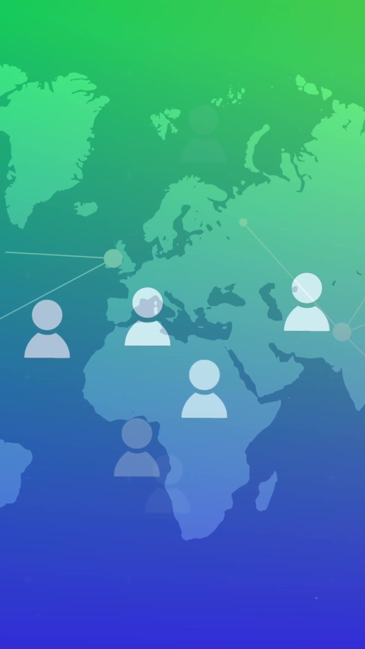Animation of profile icons floating over world map against green and blue gradient background