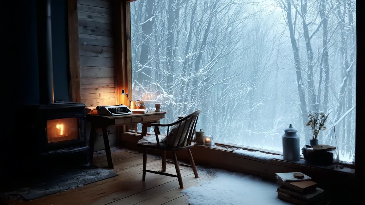 A Serene Winter Retreat: Cozy Workspace by a Frosty Window, Embracing the Tranquility of Snowy Forest Views, Illuminated by Gentle Candlelight and a Warm Wood Stove for Ultimate Comfort and Inspiration