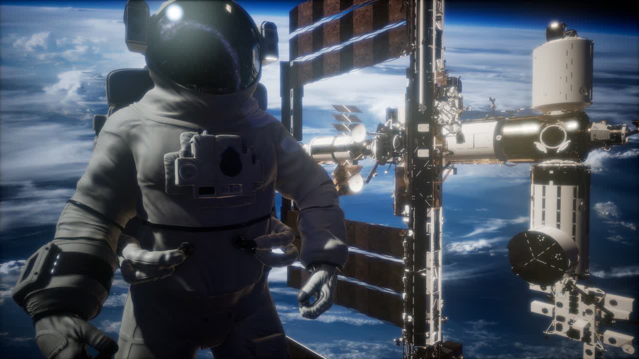 Internationella rymdstationen och astronaut i yttre rymden över planeten jorden