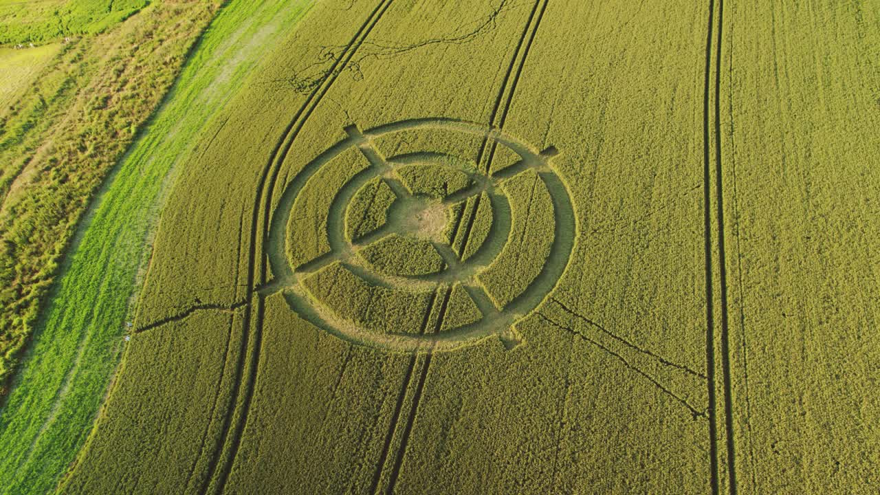 녹색 수확 농지 공중 비행 전망 아래로 기울이기에서 hackpen 언덕 신비한 밀 필드 미스터리 서클 디자인