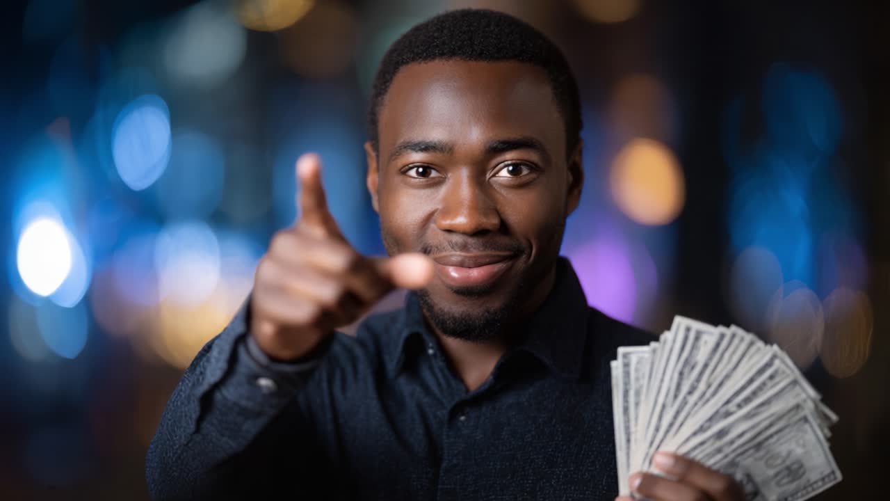 A confident individual showcasing a stack of cash, smiling and pointing directly at the camera amidst a vibrant urban background, capturing an empowering moment of success
