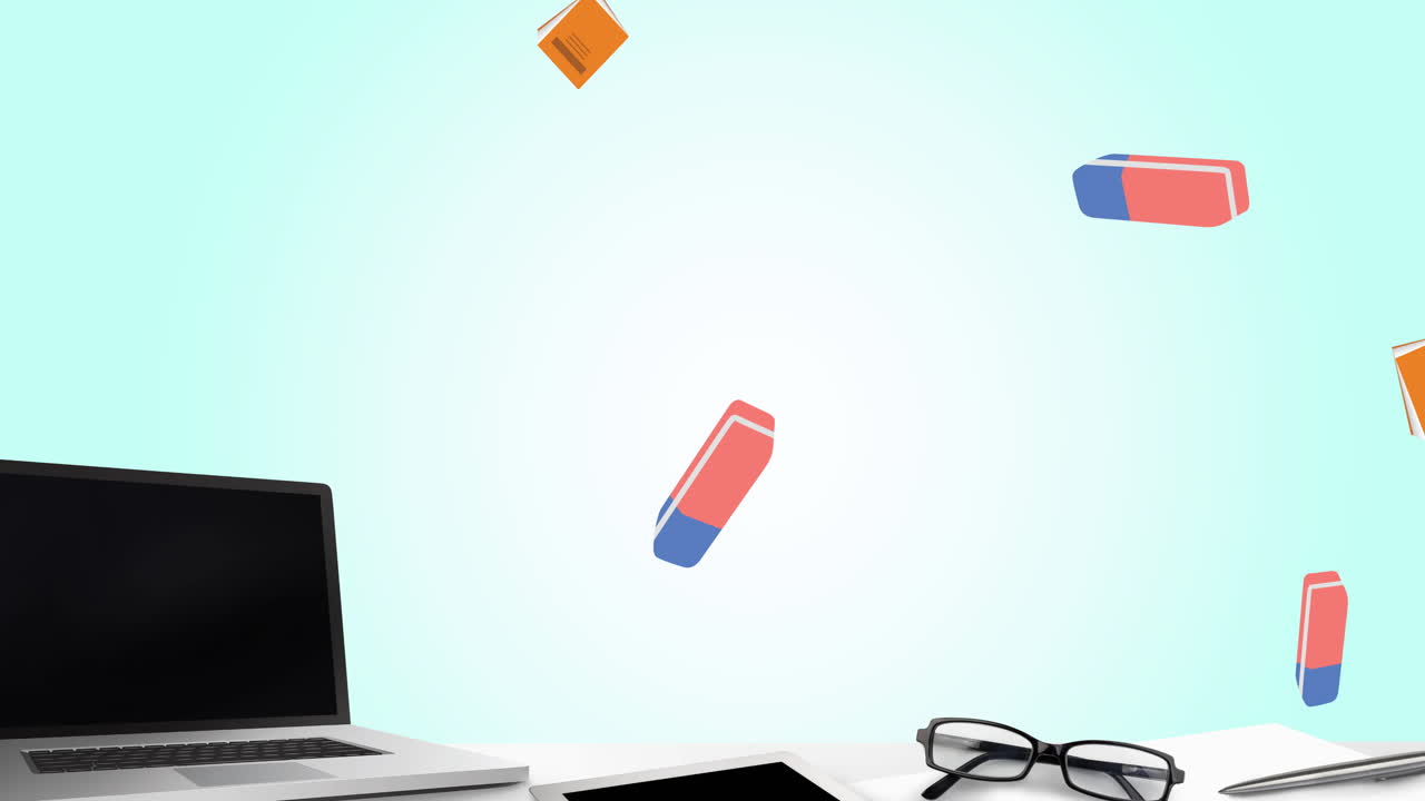 Animation of laptop and office items over green background