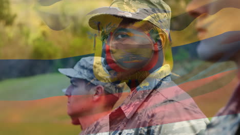 animation of flag of ecuador over diverse male soldiers in uniform