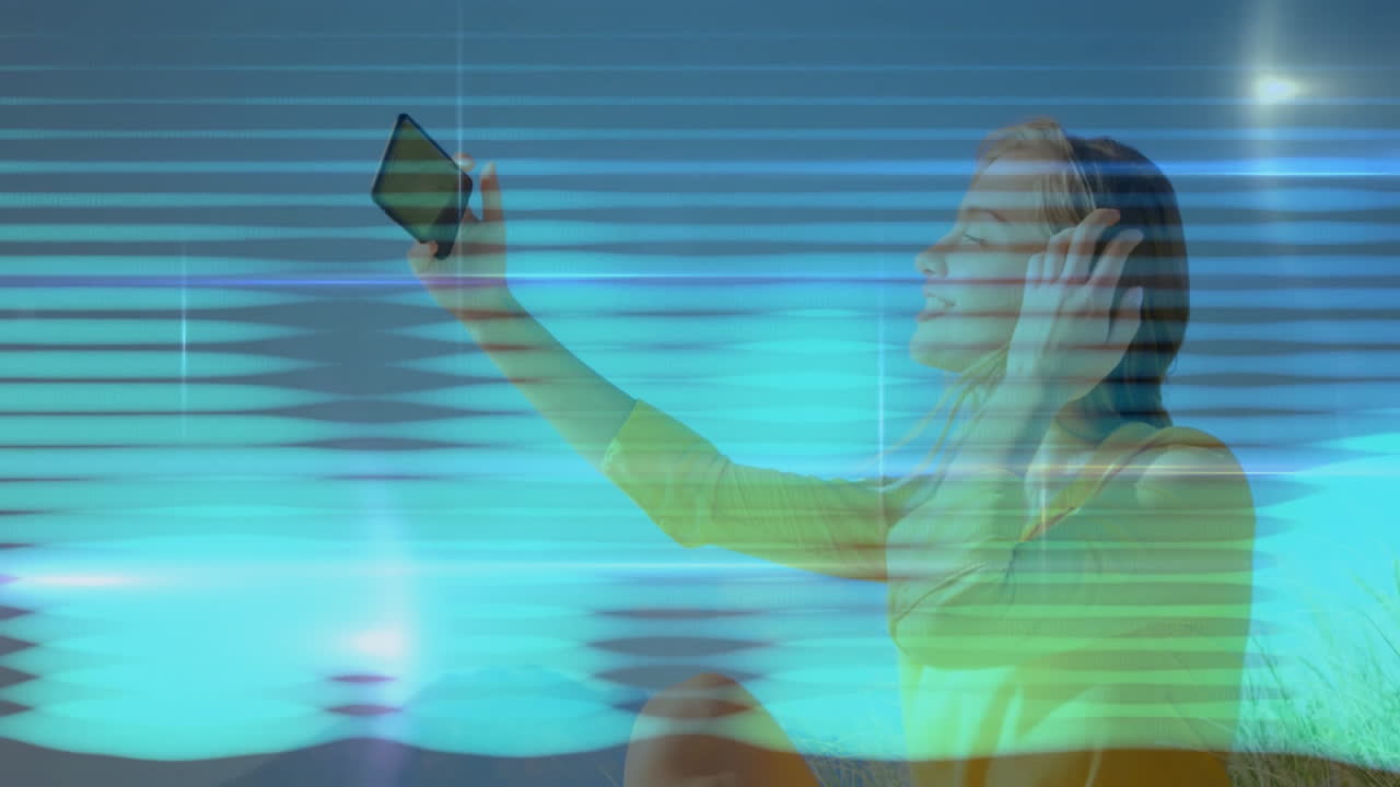 Taking selfie, woman with digital wave animation overlay in school environment
