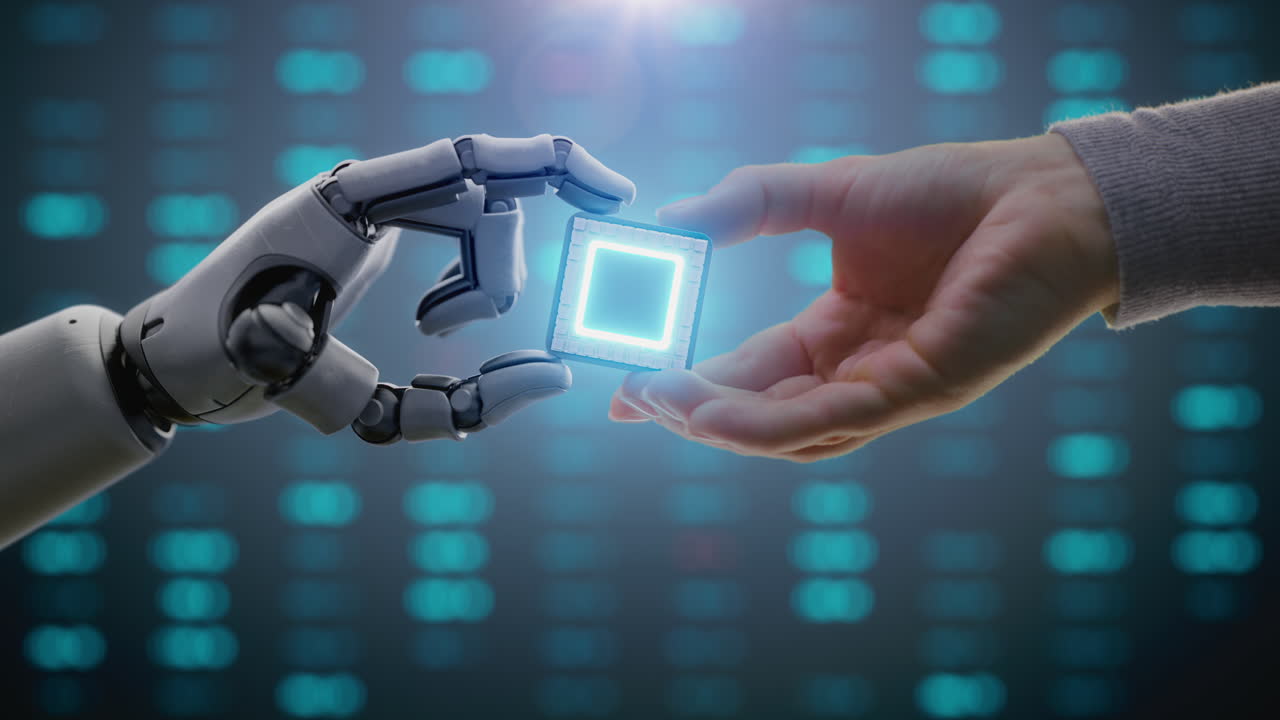 visualization of Human Giving Computer Microchip for Data Processing to Humanoid Robot Futuristic Concept of Humanity and Artificial Intelligence Collaboration Visualization of Human Giving Computer Microchip for Data Processing to Humanoid Robot Symbol of Humanmachine Teamwork