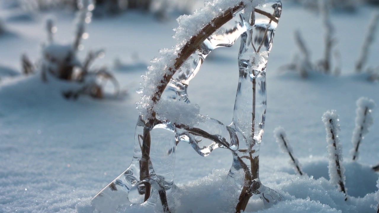 Kameraet bevæger sig og viser en bøjet plantestængel indkapslet i klar is på en sneklædt mark, der afslører frost.