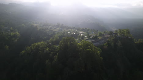 Aerial-shot-in-Bali-flying-over-peaceful-green-farmer-fields-surrounded-by-forests-on-a-mountain