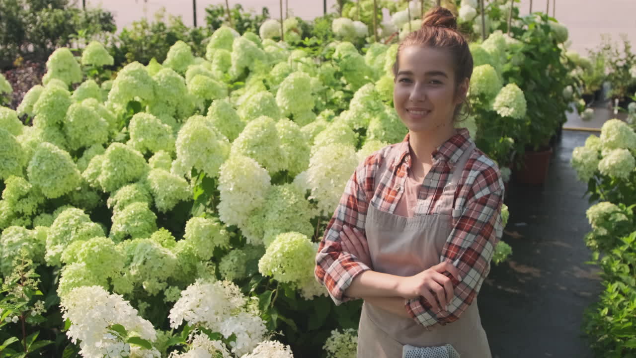 Woman in Greenhouse with Hydrangeas