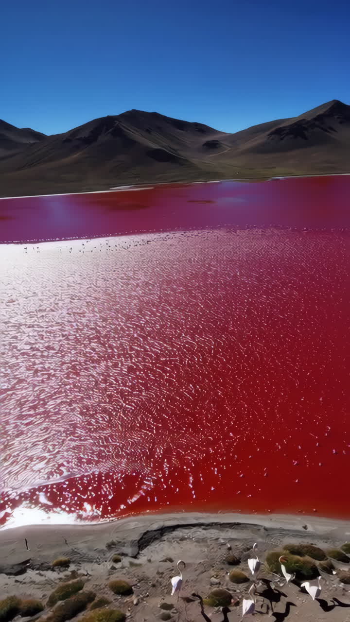 Flamingos at a Red Lake in the Andes Mountains