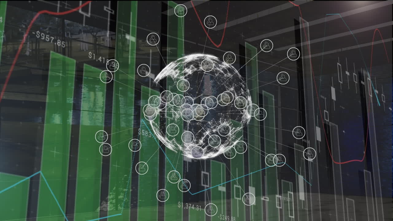 연결과 함께 전 세계 금융 데이터와 그래프의 애니메이션