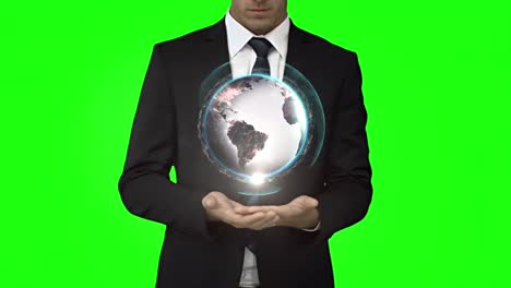 Geschäftsmann-Mit-Globus-Animation-Vor-Grünem-Bildschirm