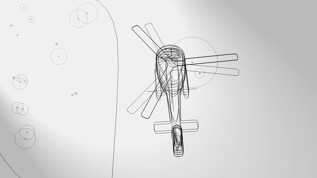 3d animation, an helicopter in sky with a flow of particles