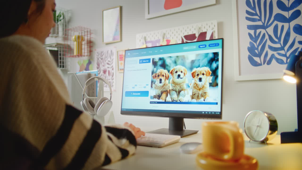 Woman working on computer, adorable puppies on screen