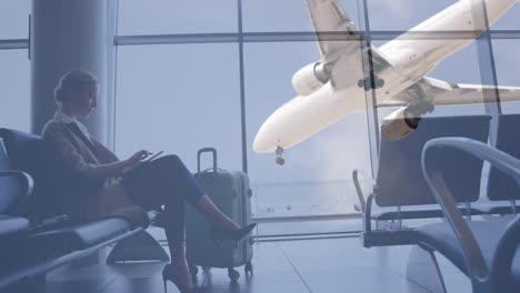 Airplane-flying-against-businesswoman-using-digital-tablet-at-airport