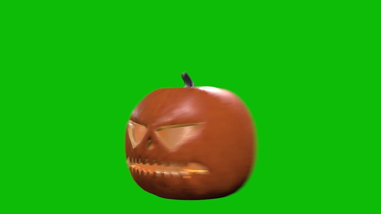 3D animation of a glowing jack-o'-lantern pumpkin 10 with candlelight inside, spinning, scaling up and down on a green screen. Perfect for Halloween intros, spooky videos, and holiday promos