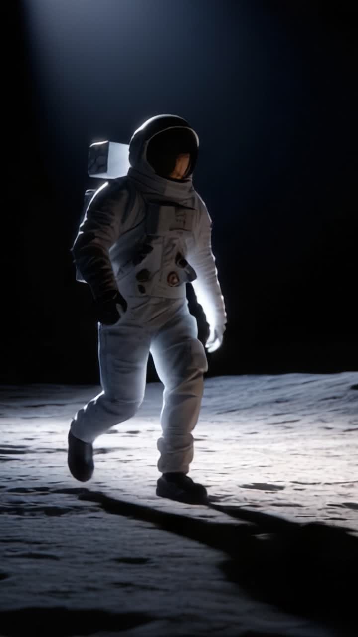 An astronaut explores the mysterious lunar landscape, illuminated by a beam of light, capturing the essence of space exploration and the vastness of the universe