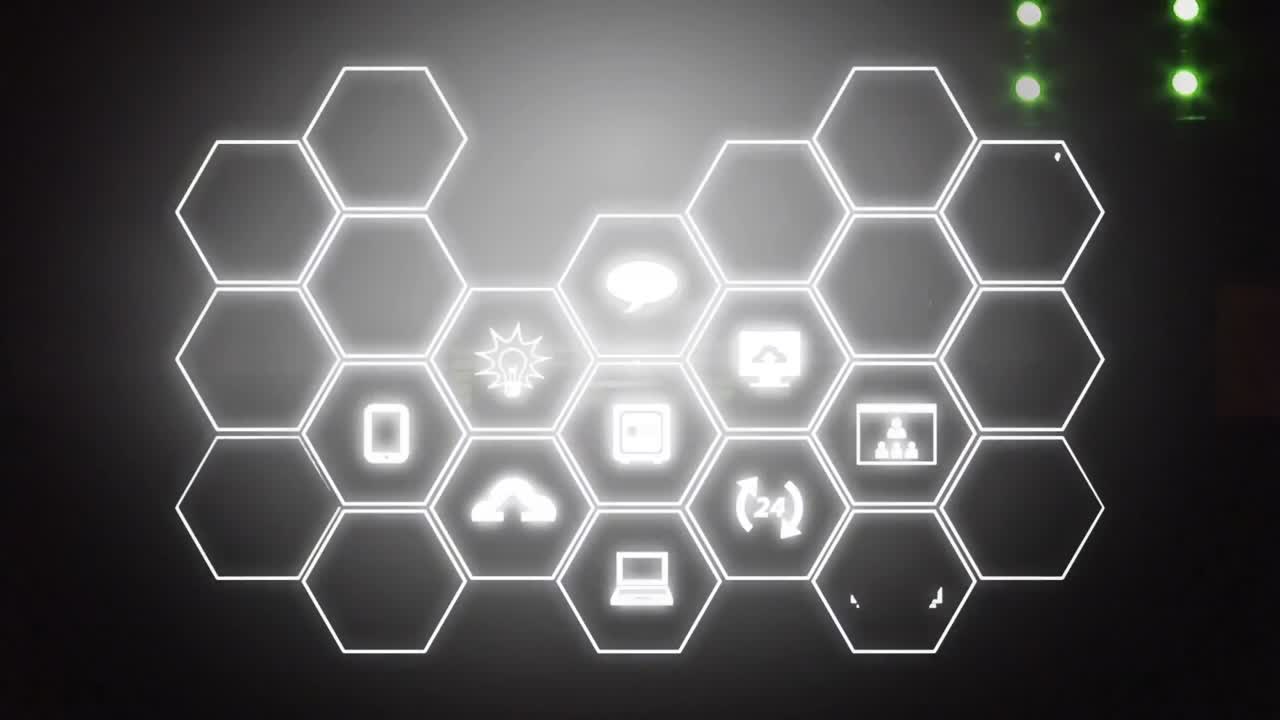 animación de una red de iconos digitales sobre un ecualizador gráfico de música