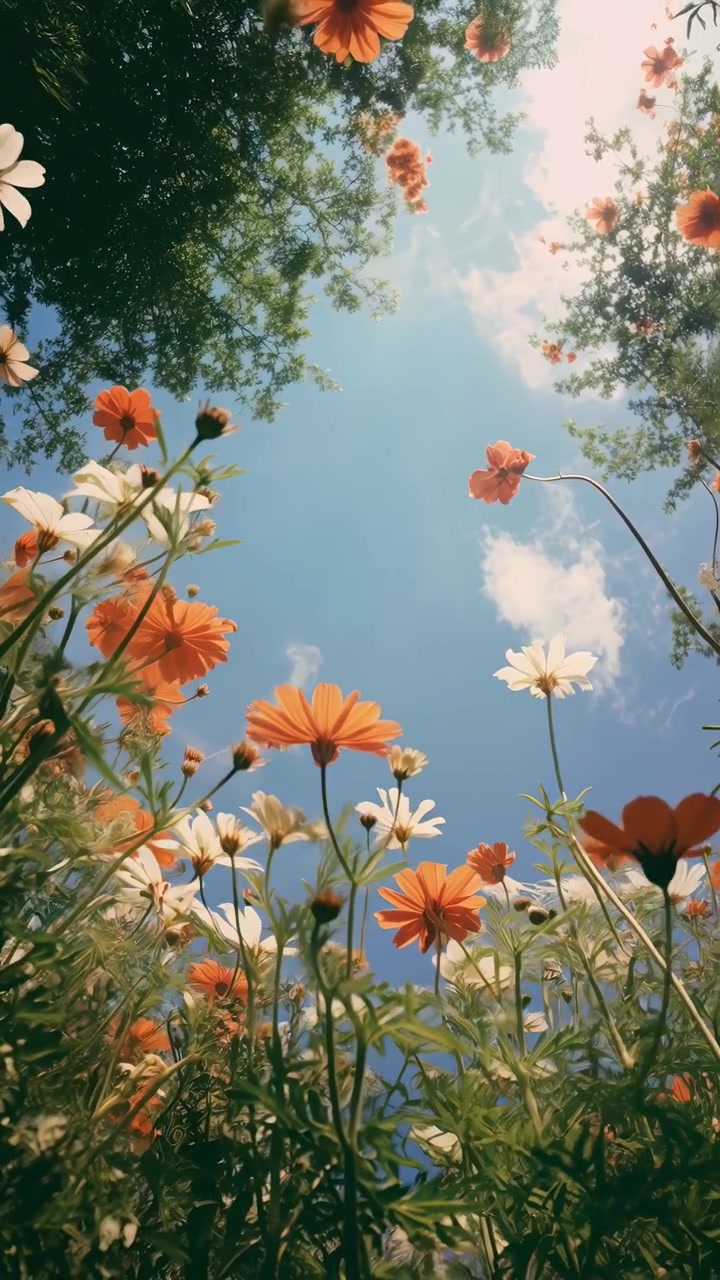 Vista de Baixo Ângulo de Flores Cosmos Laranja e Brancas Balançando com a Brisa