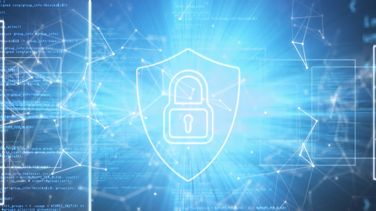 Animation of security padlock icon, network of connections and digital icons on blue background